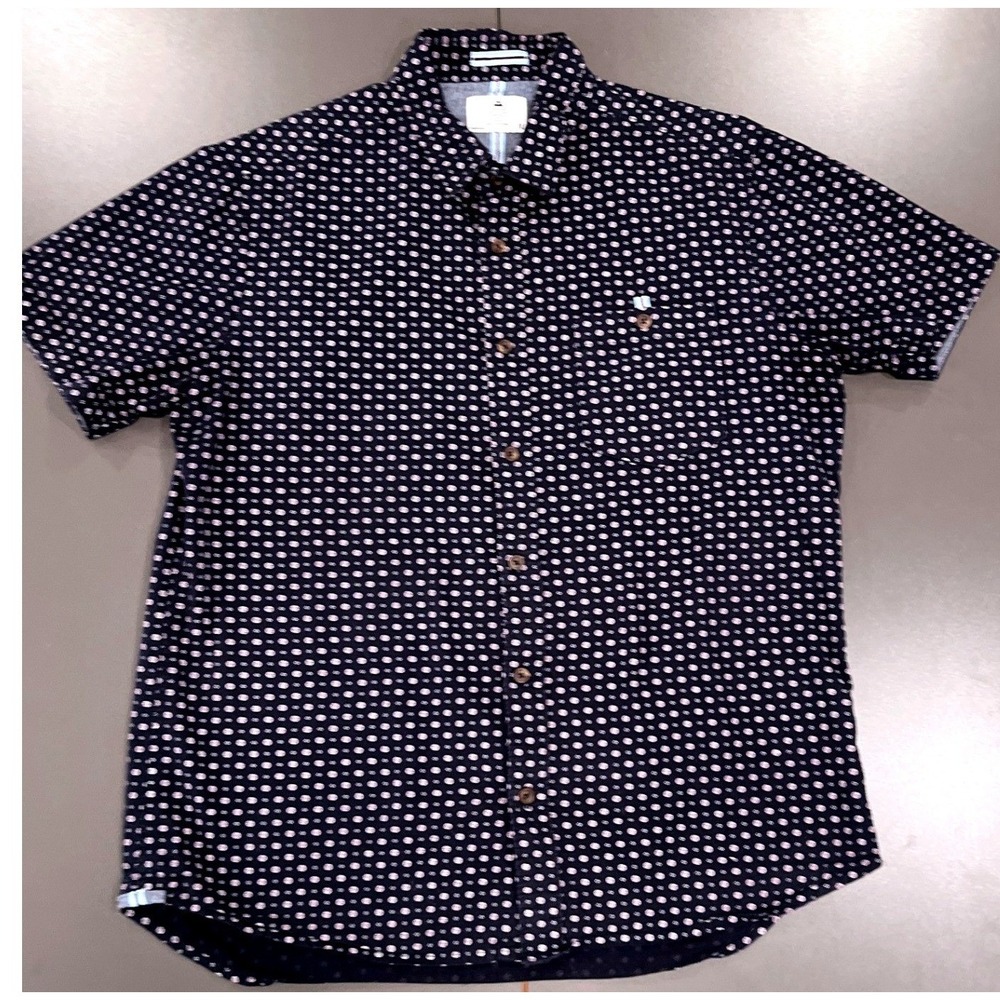 Level Ten Button Down Shirt Men Medium Navy Blue Geometric Short Sleeve Excellen